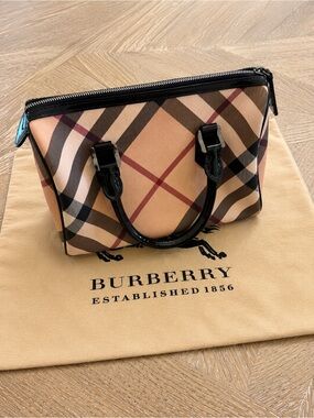 Burberry Nova Check Beige Plaid Bowling Bag Black Patent Trim Satchel